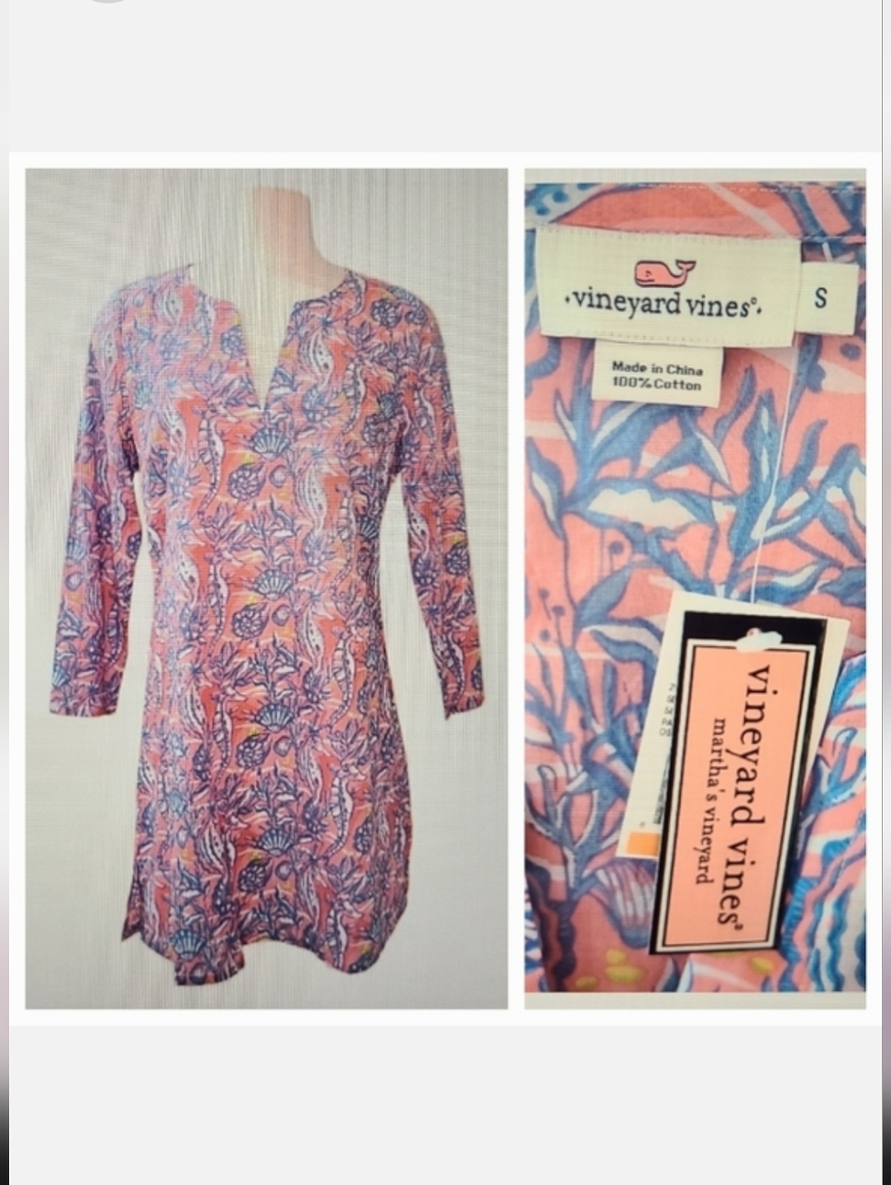 Vineyard Vines Cover-Up Tunic Dress Blue/Pink Seahorse Print Swim Sz S NWT